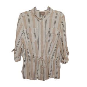 Chico’s Linen Blend Striped Button Down Shirt Size Large NEW NWT